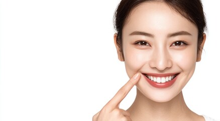 Woman pointing to bright white smile against white background