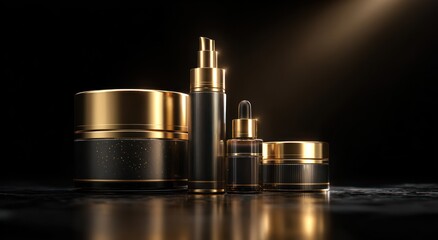 Luxury black and gold cosmetic containers displayed on a dark reflective surface.