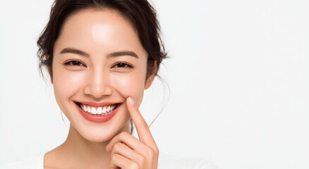 Woman smiling showing perfect white teeth while touching cheekbone.