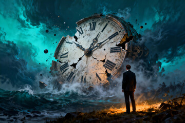 A lone businessman in a suit stands by a shattered giant clock amidst turbulent ocean waves, stormy skies, and teal clouds, creating a surreal, mysterious atmosphere.