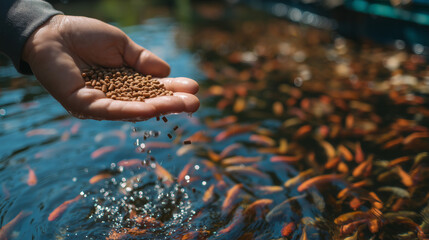 Close up of a hand holding fish pellets above a pond, feeding farmed fish in an aquaculture setting, concept of animal care, aquaculture industry, and sustainable fish farming.