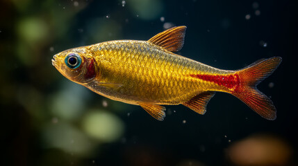 Fototapeta premium Close up macro of a Glowlight Tetra fish showing its bright orange stripe, translucent fins, and shimmering scales in a tropical freshwater aquarium environment.