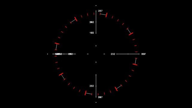 Sophisticated circular HUD interface featuring red tick marks and rotating numerical values. At the center, a diamond shape pulses and expands into a four-pointed star, mimicking a targeting system or