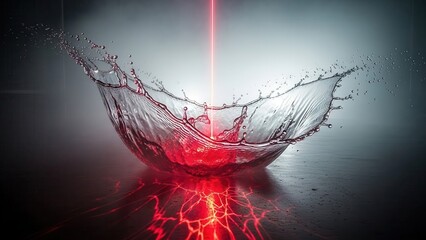 Dynamic Red Laser Beam Intersects Splashing Water Droplets Creating Abstract Patterns on Reflective Surface with Dramatic Lighting and Dark Moody