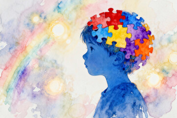 Child&rsquo;s Mind with Puzzle Pieces and Colorful Background