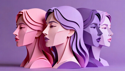 Stylized paper art portraits of women with pastel purple and pink hues, showcasing modern abstract design, low-poly forms, and contemporary aesthetic.
