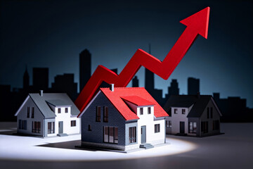 Model houses in front of a city skyline with a rising red arrow, illustrating real estate market growth, property price increase, and urban development trends.