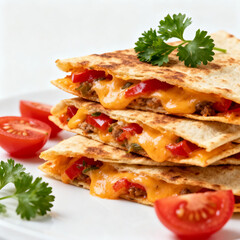 Stacked cheesy beef quesadillas with red bell pepper, green onion, and melted cheese. Served with fresh tomato slices and cilantro for a savory Mexican dish.