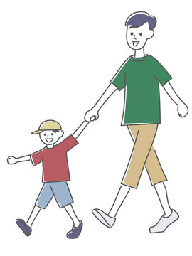 パパと息子が手をつないで歩いているイラスト