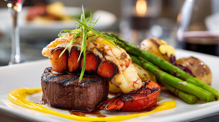 Luxury gourmet plate featuring grilled lobster and juicy steak with elegant fine dining presentation, a premium surf and turf seafood and beef dish served in an upscale restaurant.