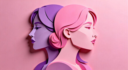 Two stylized female figures in profile using paper art/papercut technique. Vibrant pink and purple tones, minimalist flat design, abstract portrait illustration.