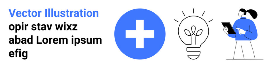 Fototapeta premium Healthcare, digital innovation, technology, creativity, medical advancement, education. Blue medical cross, lightbulb icon person holding tablet. Healthcare and digital innovation theme