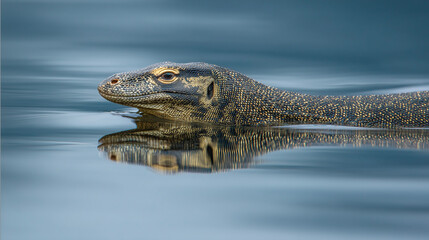 Fototapeta premium Large monitor lizard swimming silently across calm reflective water, capturing the stealth and grace of a powerful tropical reptile in its natural habitat.