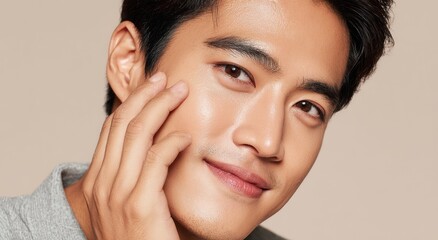 Man touching his face showing healthy glowing skin texture closeup