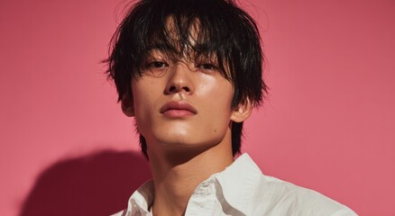 Close up portrait of young man against bright pink background