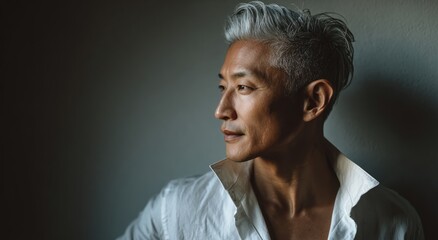 Middle aged man with silver hair in white shirt looks left.