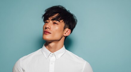 Young man with dark hair in white shirt against blue background.