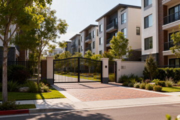 Modern Apartment Complex with Secure Gate Entrance