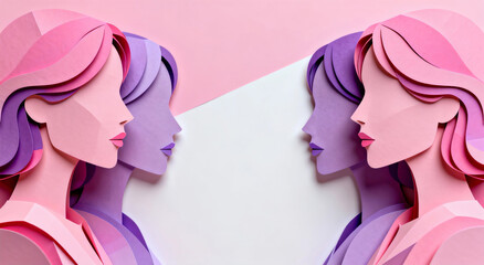 Two stylized paper art portraits of women with pink and purple layered hair, in profile, showcasing a minimalist, flat design aesthetic with modern color blocking.
