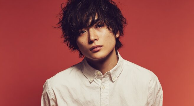 Young man with dark messy hair wears white shirt against red background.