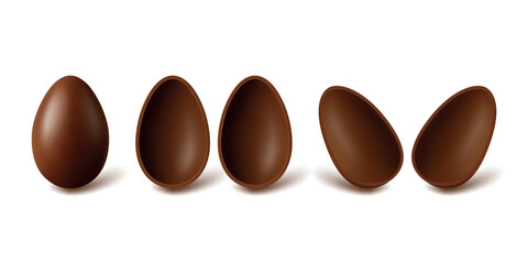 Vector 3d Chocolate Eggs Set. Realistic Chocolate Egg Vector Illustration. Glossy Brown Candy Eggs in Different Angles, Isolated. Easter Packaging Design Template, Chocolate Egg