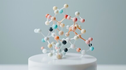 3D molecular structure model featuring colorful interconnected spheres on a white podium, representing chemistry, science, and biological research concepts