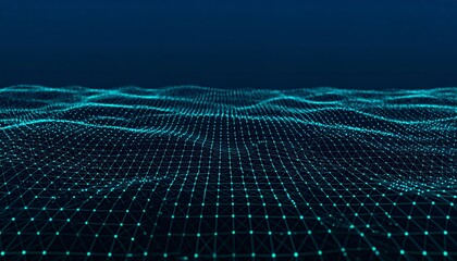 Abstract Teal Grid: Digital Landscape with Wavy Lines and Glowing Nodes