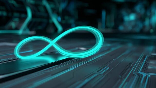 Futuristic glowing infinity symbol on a digital circuit background for technology themes
