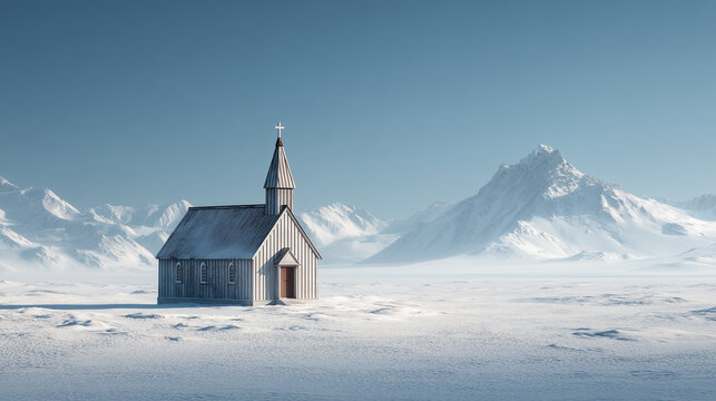 A solitary church standing in the vast Antarctic snowfield, surrounded by endless ice and polar silence, symbolizing faith and isolation in one of the world&rsquo;s most extreme landscapes.