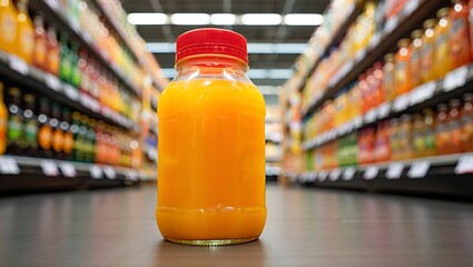 Orange juice bottle in supermarket aisle with various drinks on shelves