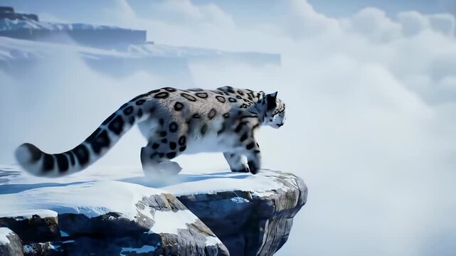 Lone Snow Leopard Traversing Mountain Ridge Above Clouds