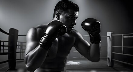Male boxer in fighting stance with boxing gloves, monochrome illustration for sports and fitness