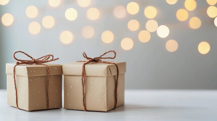 Christmas gift boxes on white table with warm light and soft bokeh background Generative AI