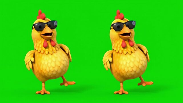 Two 3D Cartoon Chickens Dancing With Sunglasses On Green Screen