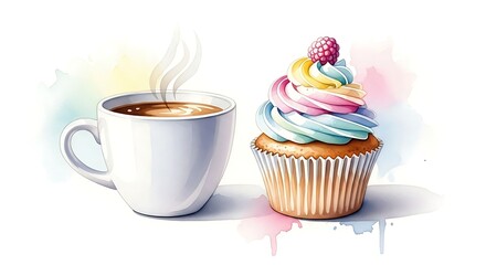 Watercolor Coffee Cup and Delightful Cupcake Illustration for Dessert Lovers
