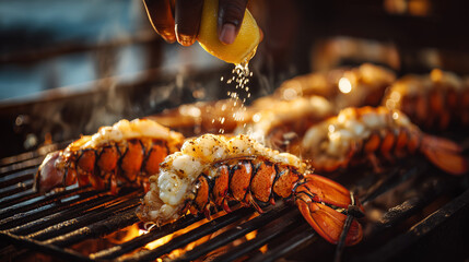 Close up of lobster tails grilling over open flame as fresh lemon juice drips on top, sizzling seafood with charred texture, gourmet barbecue moment.