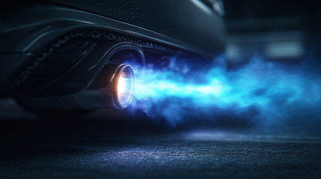 Close up shot of a car exhaust blasting bright blue nitrous oxide flame, capturing intense speed, power, and high performance racing energy from a modified engine.