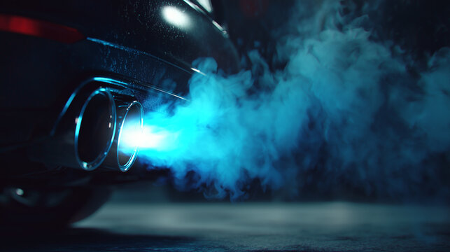 Close up shot of a car exhaust blasting bright blue nitrous oxide flame, capturing intense speed, power, and high performance racing energy from a modified engine.
