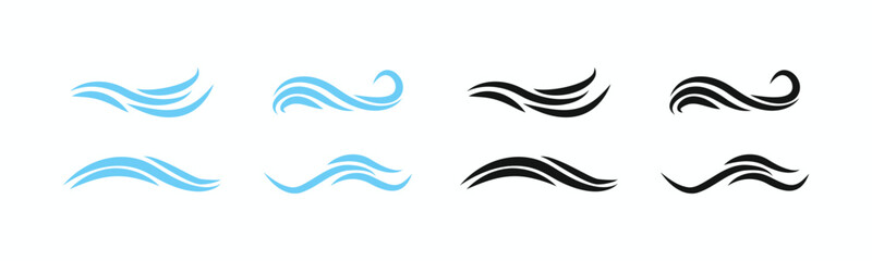 Set of blue and black water wave icons with elegant flowing curves, isolated on white background. Abstract sea wave vector collection in blue and black colors for marine logo design and branding