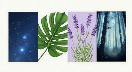 Four Nature Elements Collaged: Night Sky, Monstera, Lavender, and Forest
