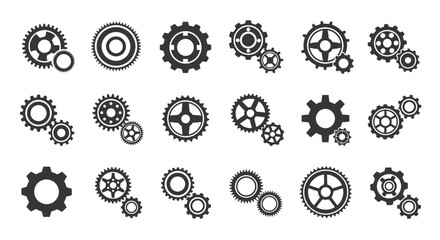 A precise vector illustration showcases an array of mechanical gears and cogs, rendered in a clean, minimalist style, ideal for technical diagrams or design elements.