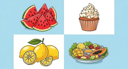 Wholesome and Sweet Treats: Watermelon, Cupcake, Lemons and Fruit Salad Collage