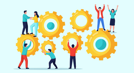 A diverse team of people works together with large golden gears, illustrating concepts of business collaboration, teamwork, and efficient problem-solving.