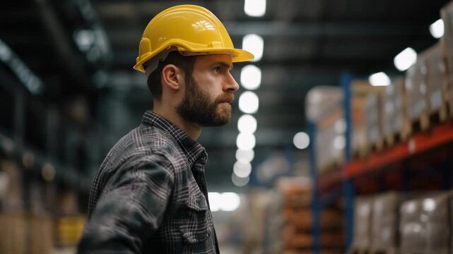 Focused construction worker in safety gear demonstrating diligence in industrial environment