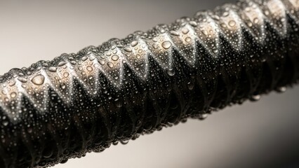 Close-up of a wet, black coiled cable with water droplets on a gradient background.