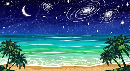 Tropical Beach at Night with Galaxies and Crescent Moon Above