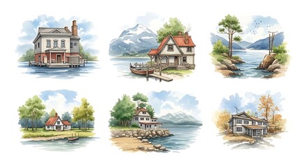 Watercolor Houses and Lakeside Landscapes in a Whimsical Scenic Collection