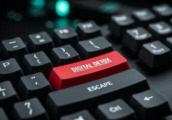 Red keyboard Escape key with Digital Detox text macro shot technology concept - Time Quality Concept