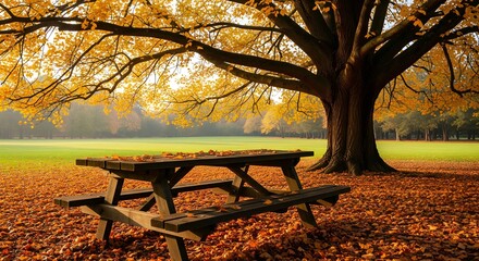 Weathered park picnic table rests under golden autumn tree foliage with fallen leaves carpeting ground