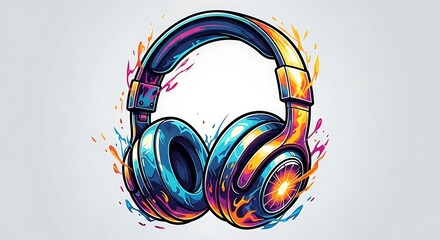 Vibrant headphones art with bright color splashes against white background.